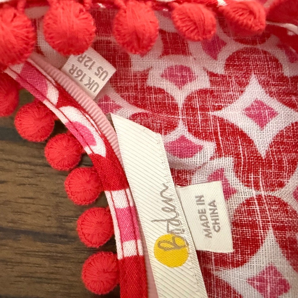 Boden Red Geometric Pom Pom Trim Shift Dress Womens 12R Pink White Sleeveless - Picture 4 of 6
